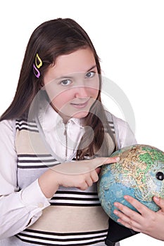 Happy school girl holding globe