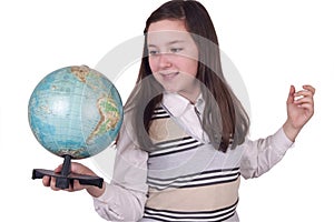 Happy school girl holding a globe