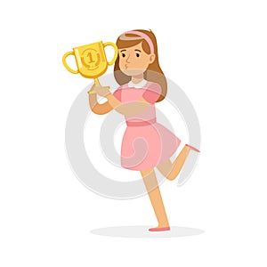 Happy school girl in pink dress holding winner cup, kid celebrating her victory cartoon vector Illustration