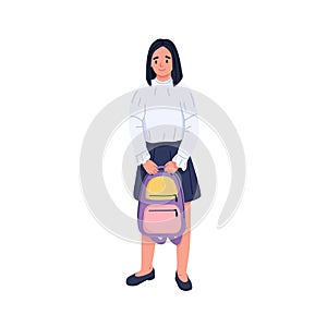 Happy school girl portrait. Teenager pupil standing with schoolbag in hands. Smiling child holding backpack. Schoolgirl