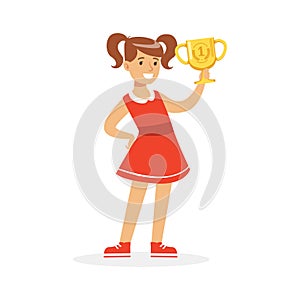 Happy school girl in red dress holding winner cup, kid celebrating her victory cartoon vector Illustration