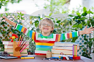 Happy school kid boy with glasses and student stuff