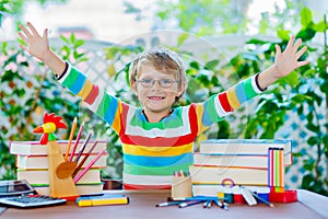 Happy school kid boy with glasses and student stuff