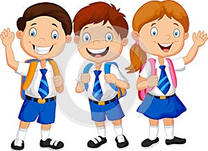 Happy school kids cartoon waving hand