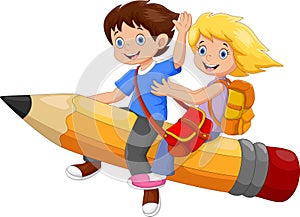 Happy school kids riding a flying pencil