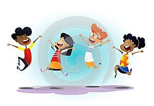 Happy school multiracial children joyfully jumping photo