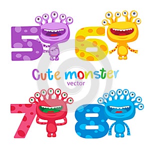 Happy School Theme. Cute Colorful Monsters And Kids Numbers Vector Set. Luck Cartoon Mascot.