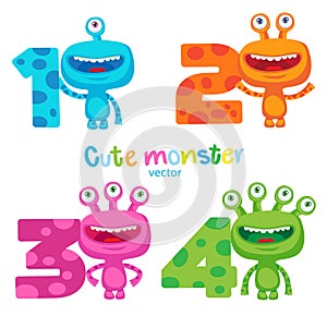 Happy School theme. Small Alien Creature. Cute Colorful Monsters and Kids Numbers Vector Set.