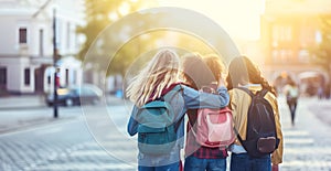 Happy schoolchildren with backpacks walk home after school lessons. Cheerful girl teenage friends hug awaiting green