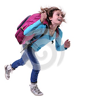 Happy schoolgirl or traveler exercising and jumping