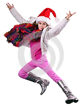 Happy schoolgirl or traveler exercising, running and jumping