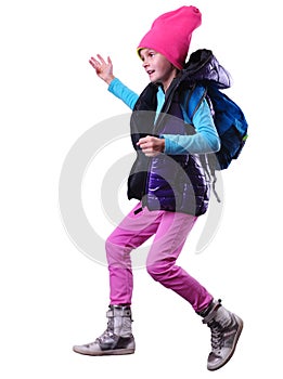 Happy schoolgirl or traveler exercising, running and jumping