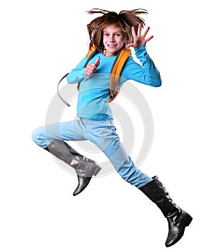 Happy schoolgirlor traveler exercising and jumping