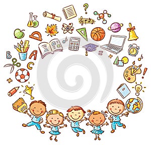 Happy schoolkids with a lot of school things as a frame with a copy space