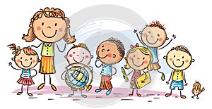 Happy schoolkids with their teacher, school or kindergarten clipart