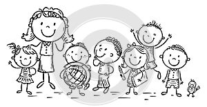 Happy schoolkids with their teacher, school or kindergarten, outline illustration clipart