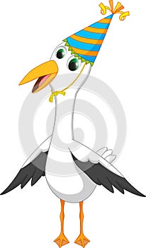 Happy seagull cartoon with party hat