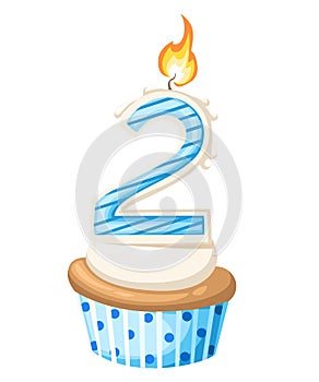 Happy Second 2 Birthday girl card with cupcake and candle in flat design style, illustration