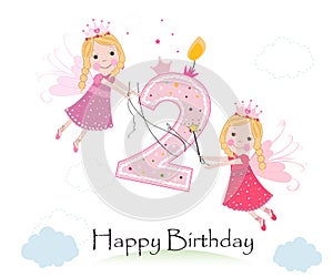Happy second birthday with cute fairy tale greeting card vector