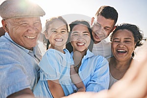 Happy, selfie and portrait of big family on the beach for tropical vacation or adventure together. Smile, love and girl