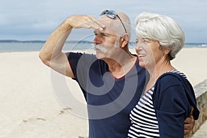 Happy senior adult couple tourists looking at something