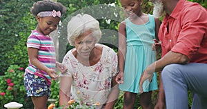 Happy senior african american grandparents with grandchildren working in garden