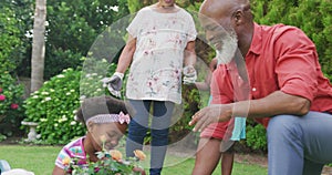 Happy senior african american grandparents with grandchildren working in garden