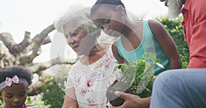 Happy senior african american grandparents with grandchildren working in garden