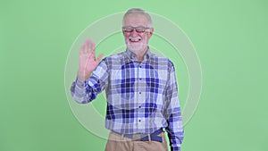 Happy senior bearded hipster man waving hand