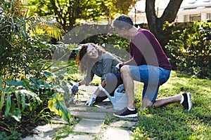 Happy senior caucasian couple gardening together in sunny garden