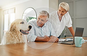 Happy senior couple in Australia home with dog, elderly man planning retirement budget on laptop and internet connection