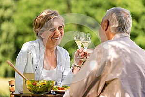 Happy senior couple clinking glasses