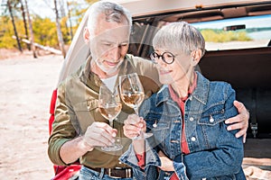 happy senior couple clinking wine glasses and embracing near car.