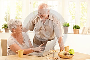 Happy senior couple with computer at home