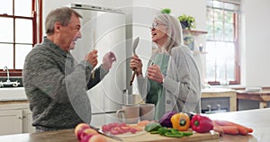 Happy, senior couple and cooking singing in the kitchen together for playful bonding. Smile, fun and elderly man and