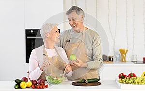 Happy Senior Couple Cooking Together Preparing Healthy Dinner In Kitchen