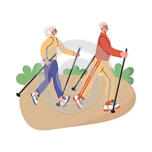 Happy senior couple doing nordic walking with stikcs in park. Elderly man and woman lead active lifestyle. Grandmother