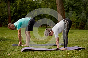 Happy senior couple doing stretching exercise outdoors