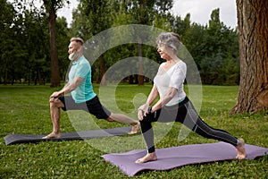 Happy senior couple doing yoga stretching exercise outdoors