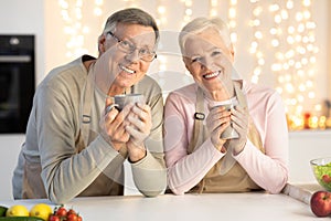 Happy Senior Couple Drinking Coffee Celebrating Christmas Sitting In Kitchen