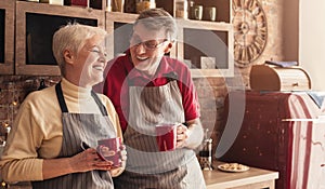 Happy senior couple drinking coffee at kitchen, panorama