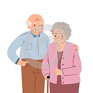 Happy senior couple. Elderly man and woman smiling and hugging. Grandmother and grandfather. Flat vector illustration of