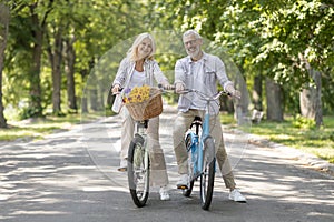 Happy Senior Couple Enjoying Cycle Ride In Summer Park