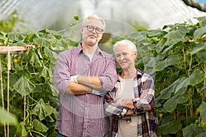 Happy senior couple at farm greenhouse