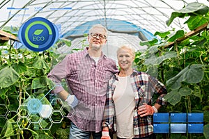 Happy senior couple at farm greenhouse