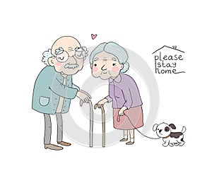 Happy senior couple. Grandmother and grandfather walk with a dog. Lettering Please stay home