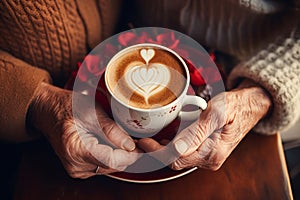 Happy senior couple hands holding coffee latte with heart shaped latte art, eldery lover and valentine concept. Generative AI