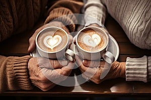 Happy senior couple hands holding coffee latte with heart shaped latte art, eldery lover and valentine concept. Generative AI