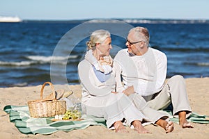 Happy senior couple having picnic on summer beach