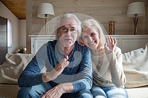 Happy senior couple having video call talking from home